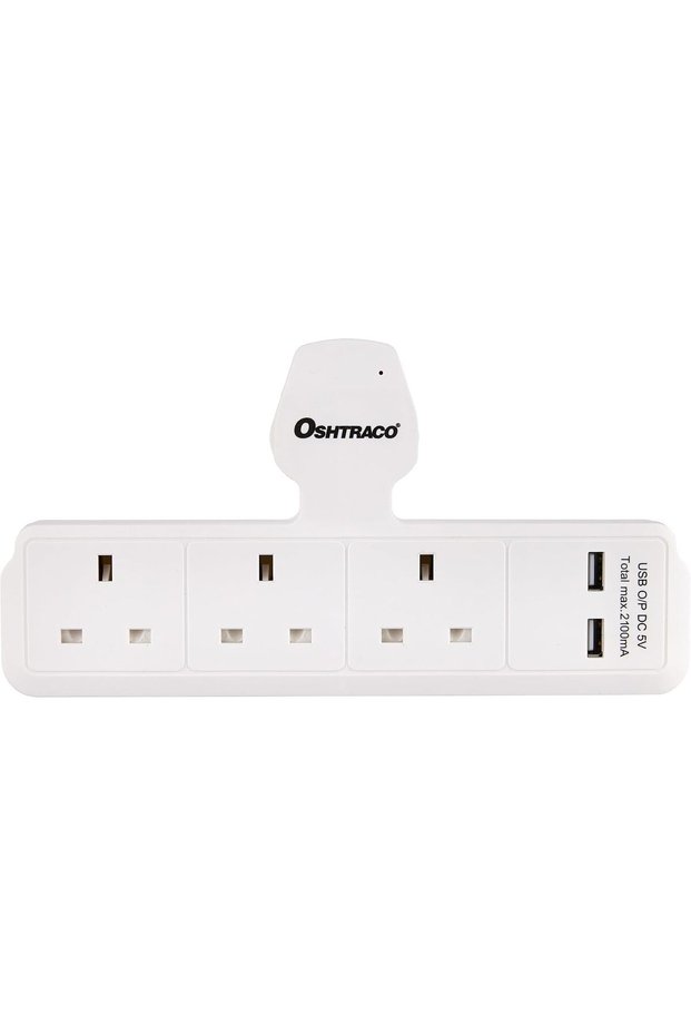 مقبس كهربائي متعدد الاستخدامات بثلاثة مخارج مع منفذ USB، لون أبيض