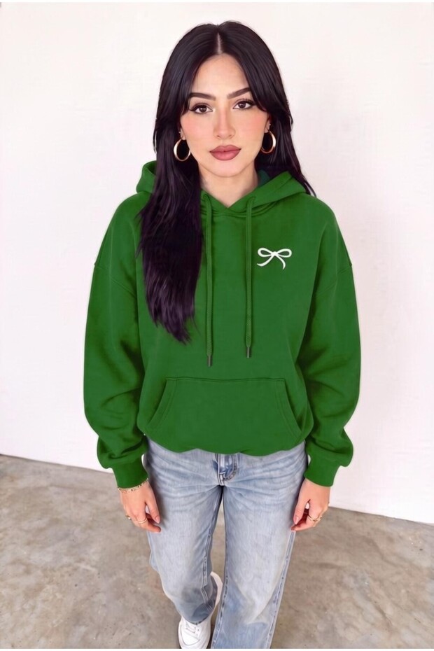 Women's Oversized Hooded Sweatshirt with Bow Print, Kangaroo Pocket, and 3-Ply Brushed Inside