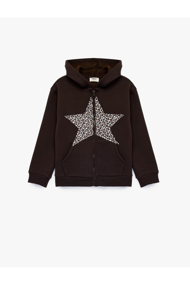 Zippered Hooded Long Sleeve Leopard Patterned Star Printed Sweatshirt