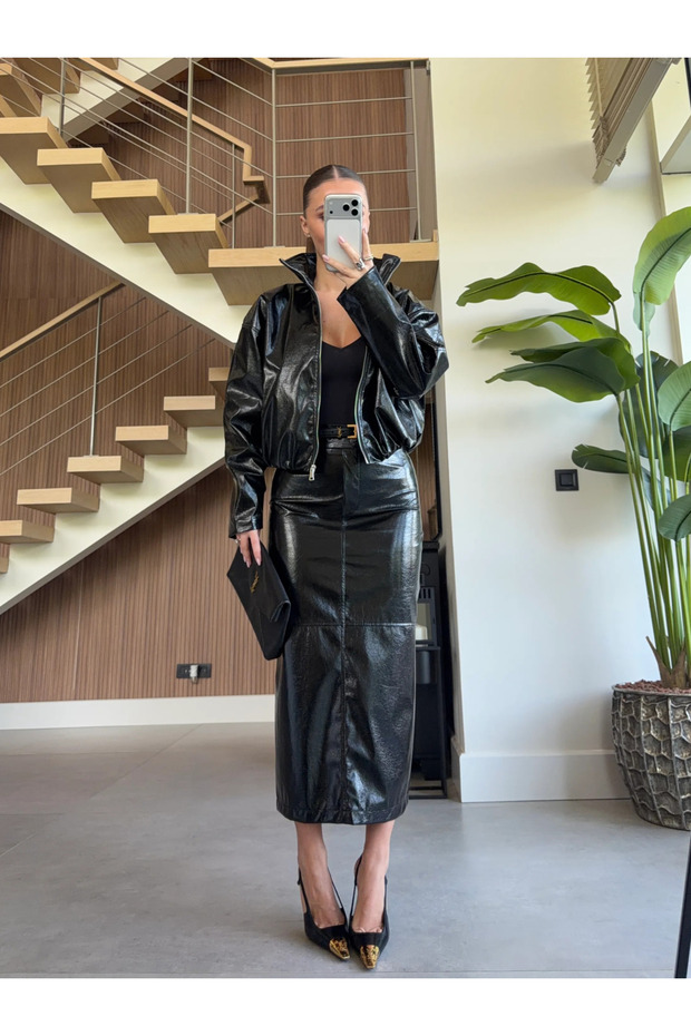 Black Shiny Leather Jacket Maxi Skirt Set - 1151