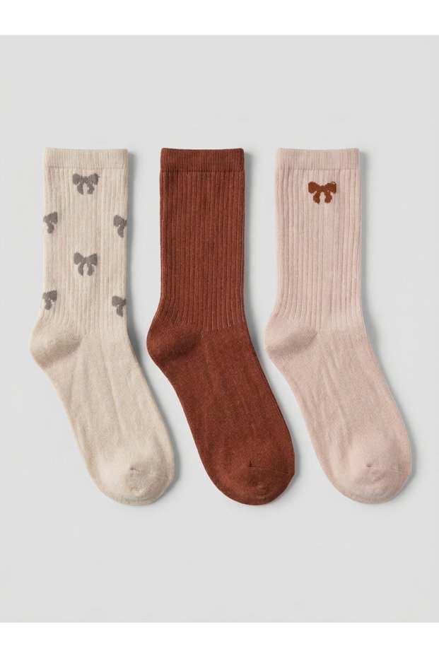Women's 3-Piece Sock Set with Bow Pattern and Solid Colors