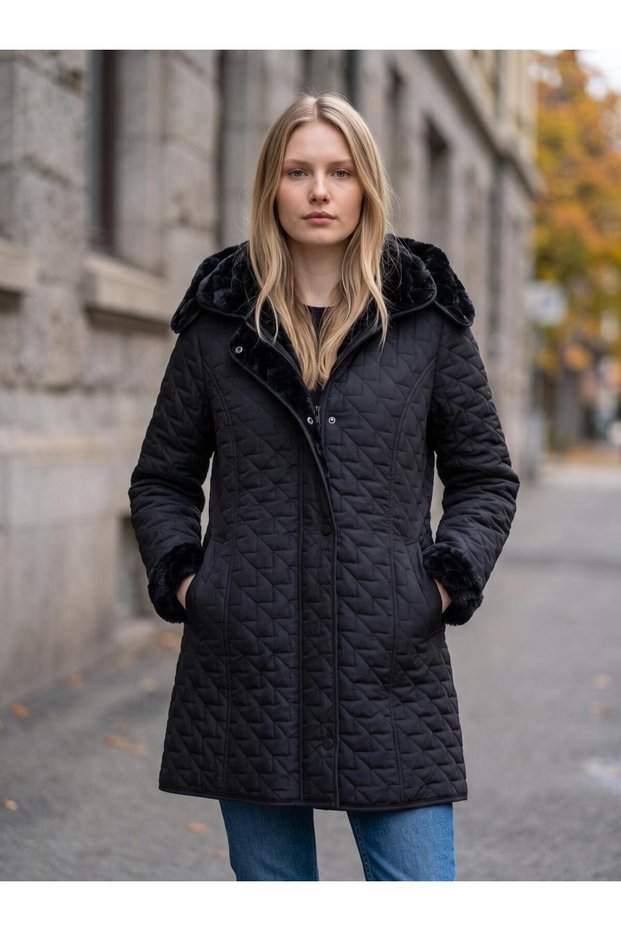 Women's Black Quilted Coat with Fur Inside 100 cm