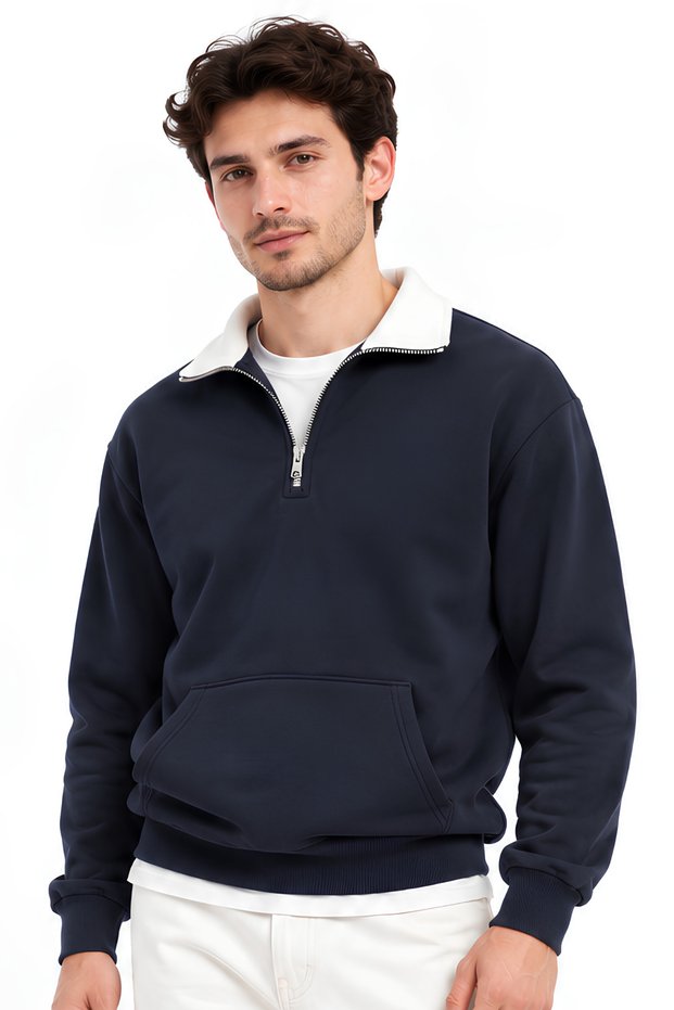 Navy Blue Men's Stand Collar Oversize Sweatshirt | Collar Detailed 3 Thread Raster Model with Fleece Inside | Color Blocked Off-Shoulder Long Sleeve | Winter Sport Stylish Men's Clothing | Modern Wide Cut