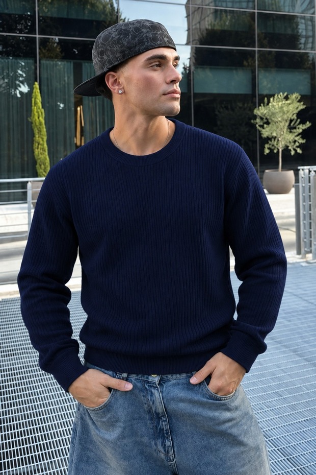 Men's Long Sleeve Casual Navy Blue Sweater