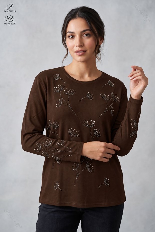 Winter Clover Patterned Stoned Slit Lycra Women's Mother Combed Cotton Blouse