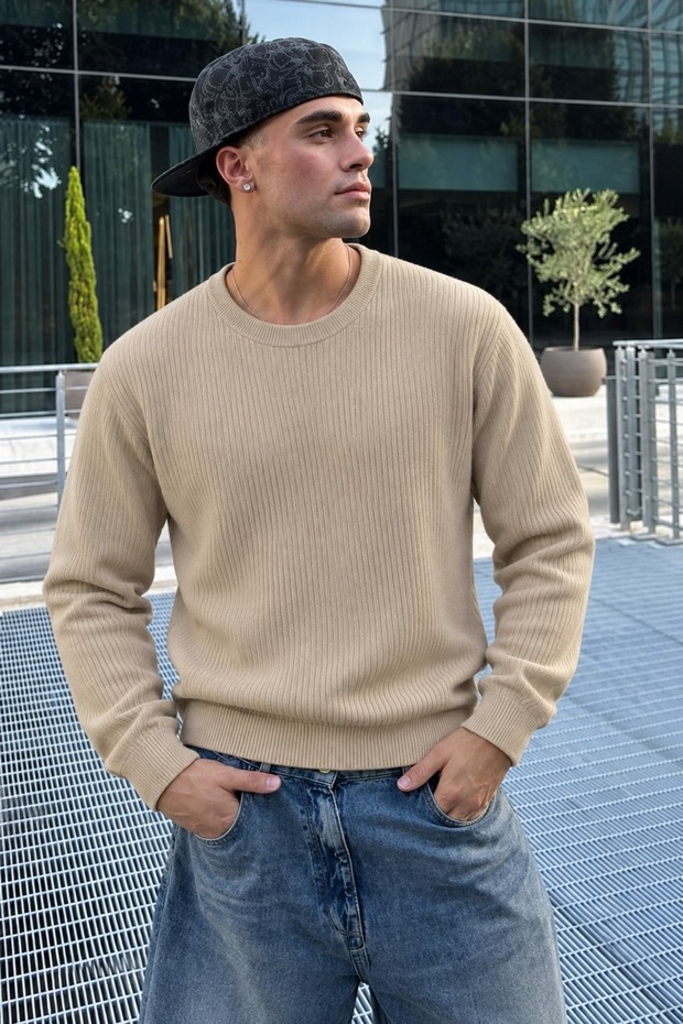 Men's Long Sleeve Casual Cream Sweater