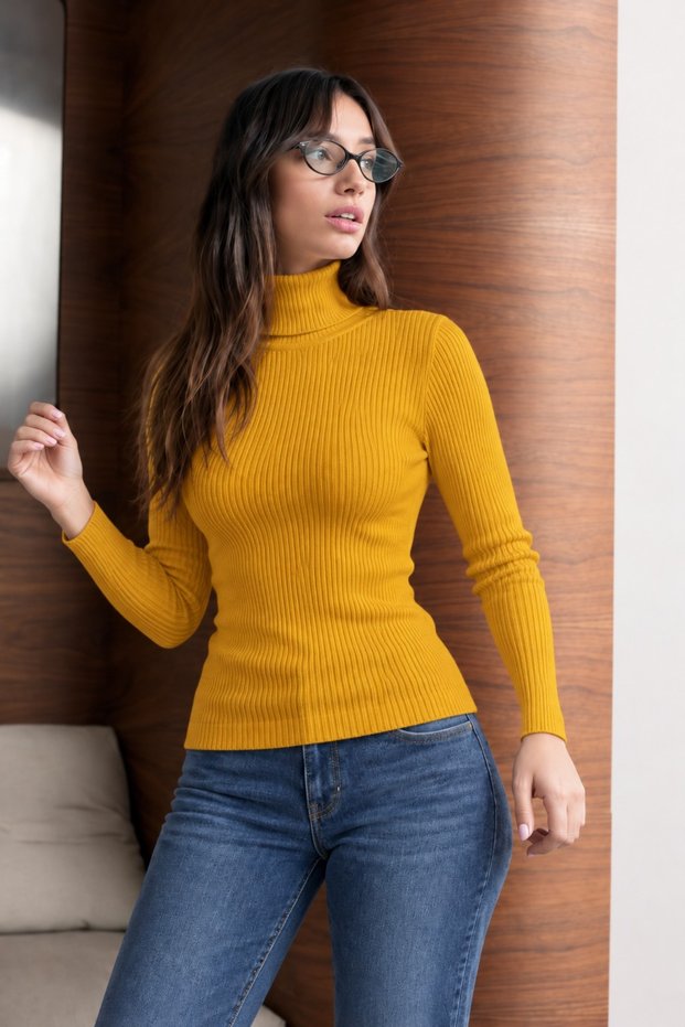 Women's High Collar Slim Fit Lycra Mustard Knitwear