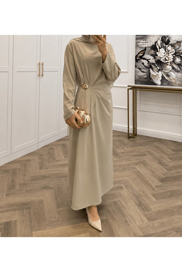 Dress with Shoulder and Pleated Buckle Detail - Stone
