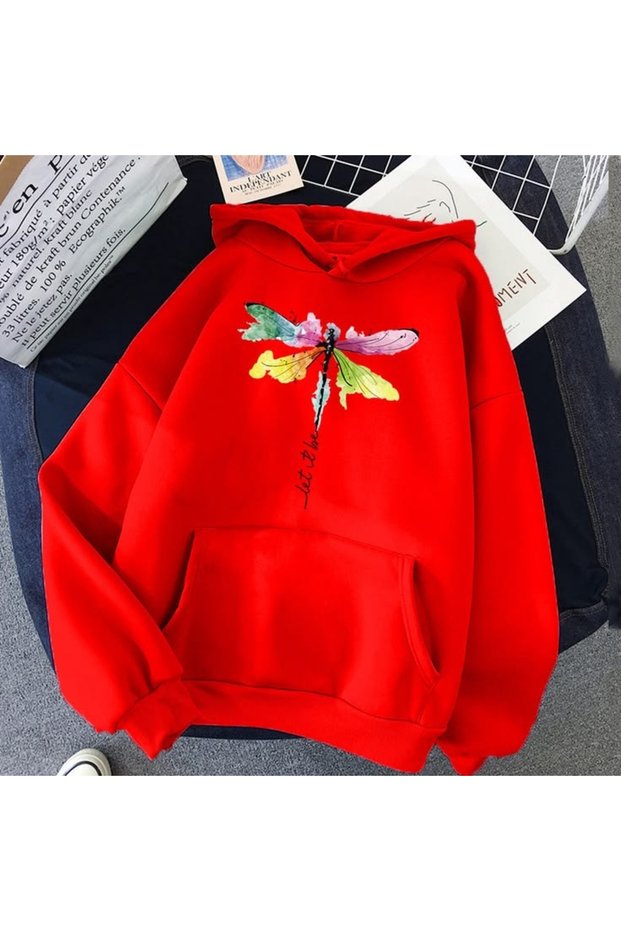 Let It Be Dragonfly Printed Cotton 3 Thread Threaded Oversize Sweatshirt