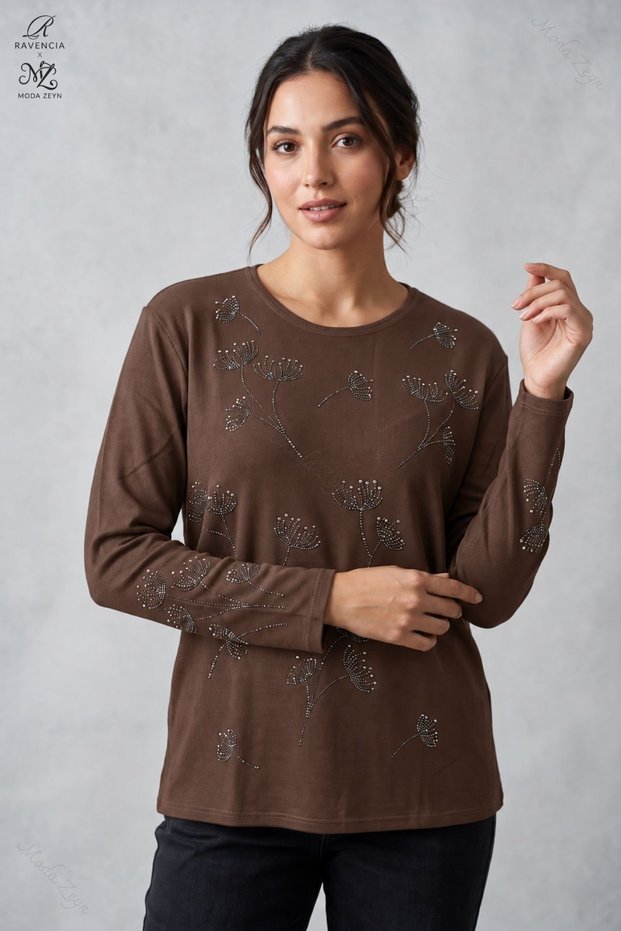 Winter Clover Patterned Stoned Slit Lycra Women's Mother Combed Cotton Blouse
