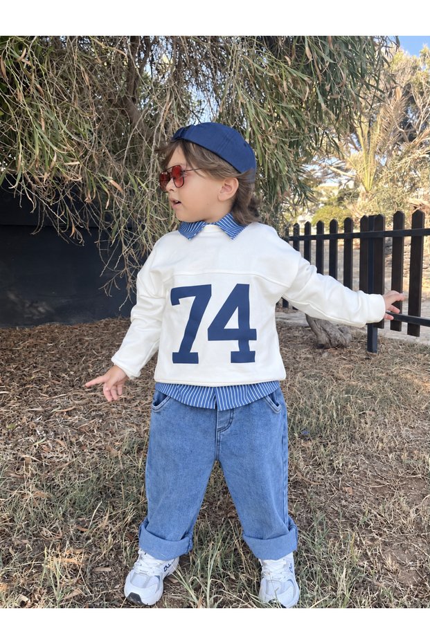 Boy's 74 Printed Ecru Sweatshirt, Blue Striped Shirt and Loose-Fit Jeans 3-Piece Set
