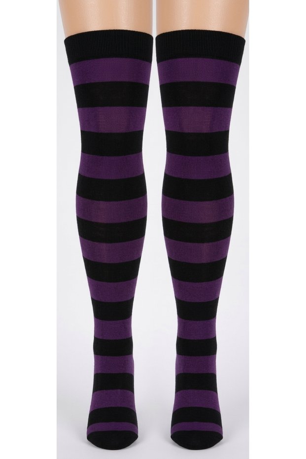 Women's Black-and-Purple Striped Cotton Knee-High Socks - Patterned Socks