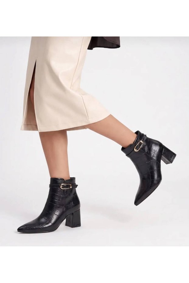 Women's Nina Black Pointed Toe Crocodile Heeled Boots