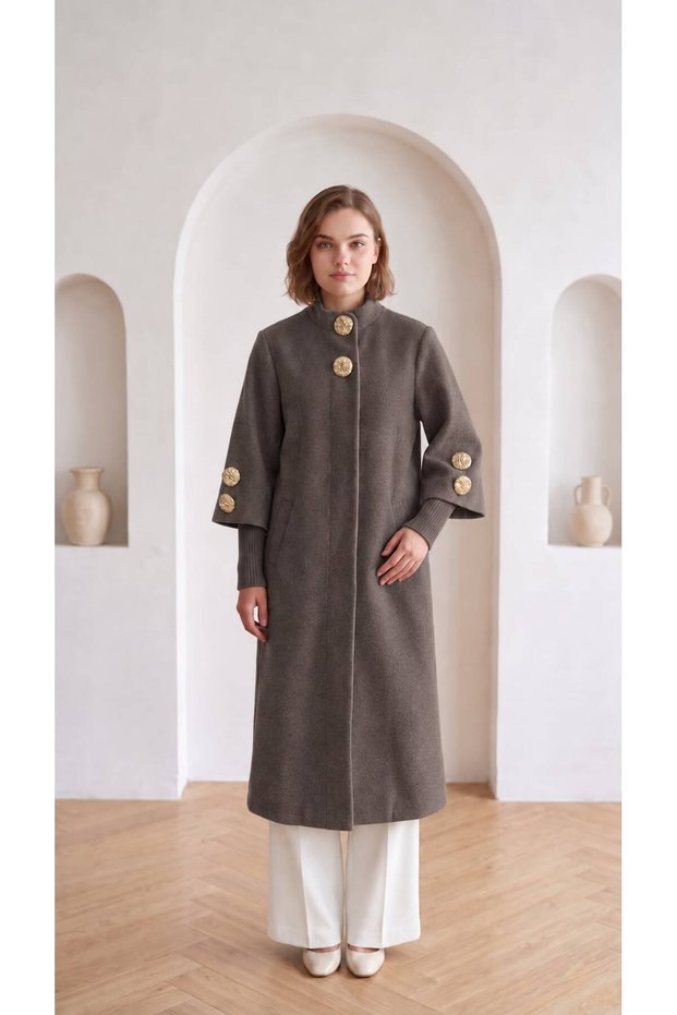 Women's gold buttoned stand collar elegant long coat