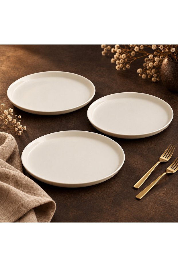 Bilbao Set of 3 25 cm Cream Plain Plates – 3 Piece Porcelain