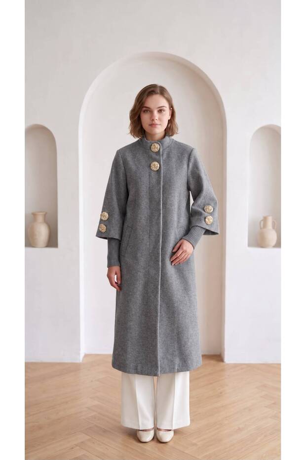 Women's gold buttoned stand collar elegant long coat