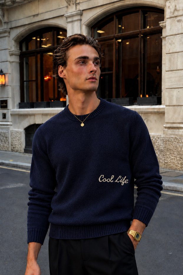 Men's Cool Life Embroidery Text Detailed Crew Neck Regular Fit Acrylic Cotton Blend Knitwear Sweater