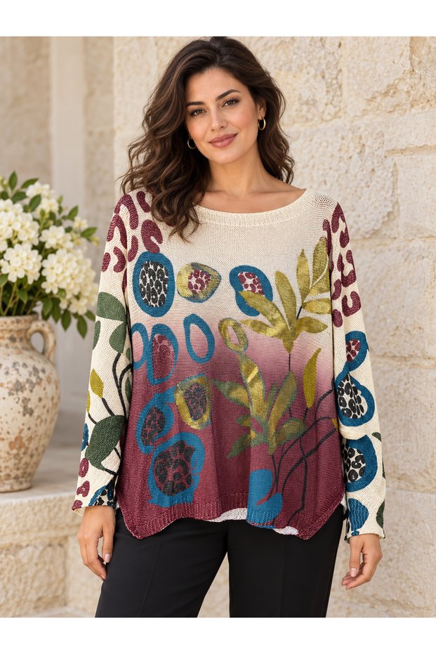 Women's Italian Foil Patterned Digital Print Long Sleeve Mercerized Blouse 40-46