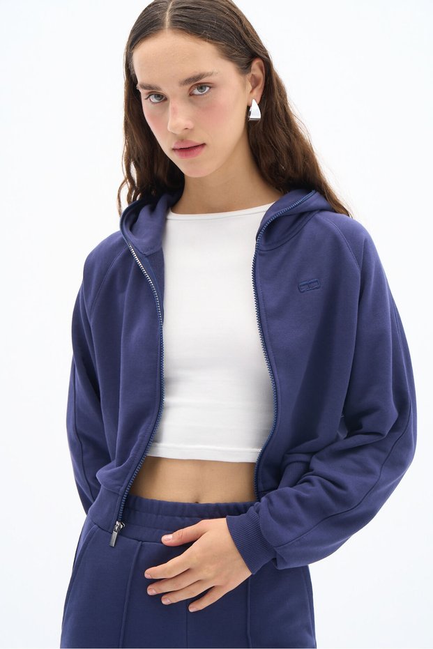 Women's 3 Thread Cotton Hooded Zipper Sweatshirt and Wide Leg Sweatpants - Sweat Suit Set