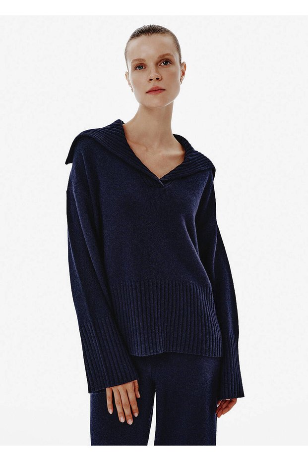 Rib Detail Navy Blue Cashmere Knitwear