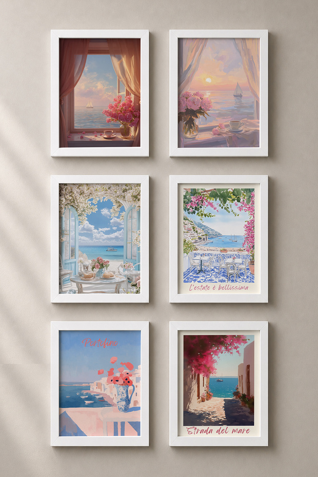 6 Piece Floral Sea Windows Framed Painting Set Italy Posters Wall Decor Sixit20
