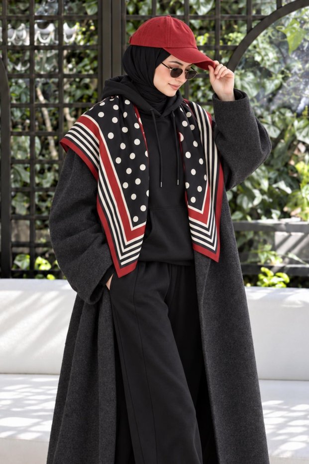 Polka Dot Frame Pattern Black-Red Soft Foulard Scarf 90X90 cm