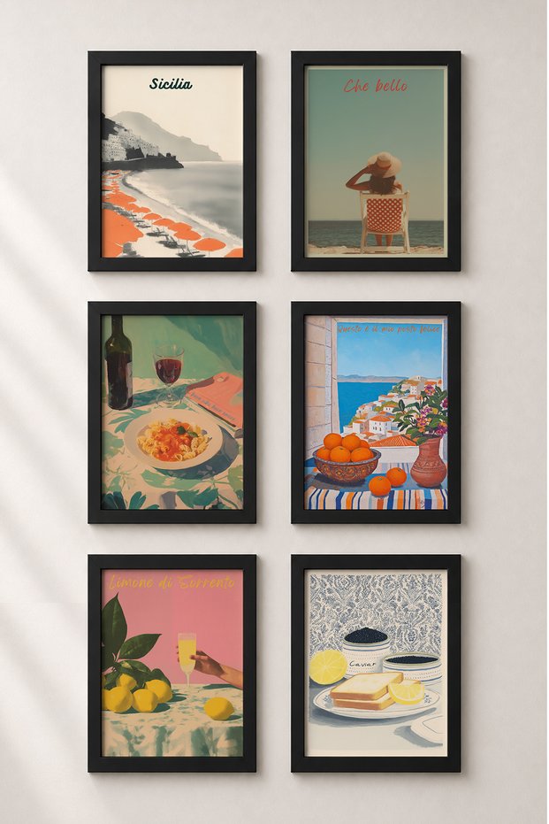 6 Piece Sicily Beach and Sorrento Framed Painting Set Italy Posters Wall Decor Sixmx02