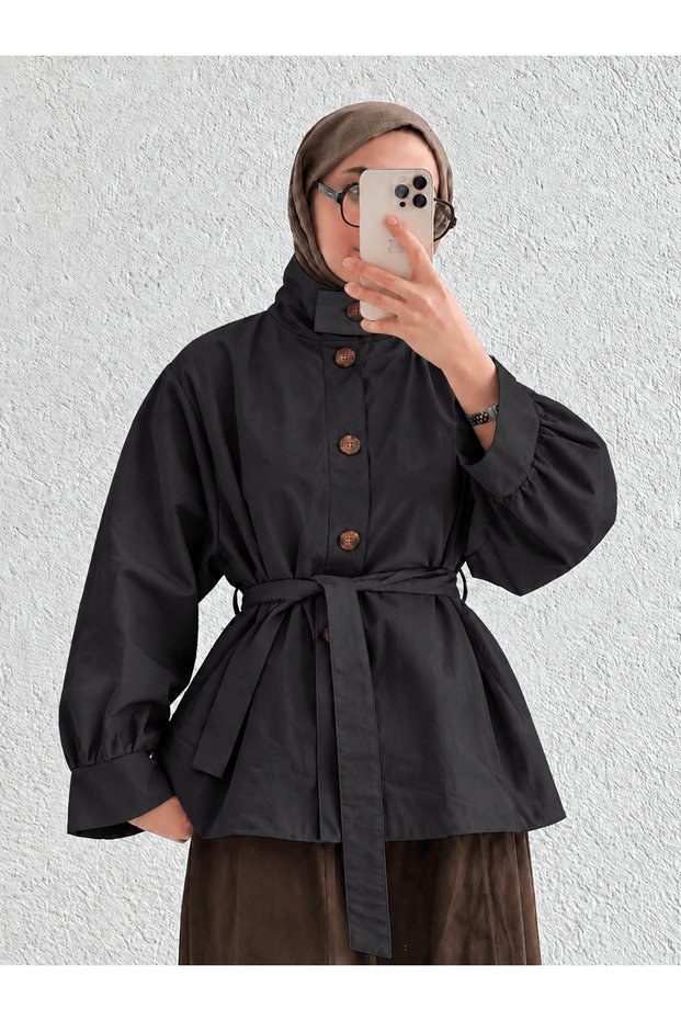 High Collar Jacket with Drawstring Detail - 110 - 50004 - Black