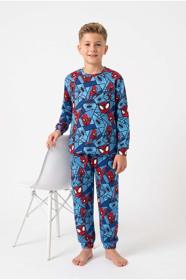 100% Cotton Interlock Fabric Boys' Pajama Set Blue Red Stripe Adventure Pattern Combed Cotton
