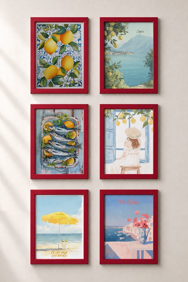 6 Piece Lemon Branches and Capri Framed Painting Set Italy Posters Wall Decor Sixmx34