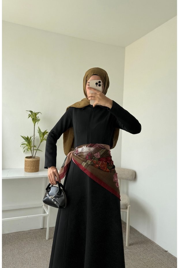 Shirt Collar Half Zipper Dress - 7012 - Black