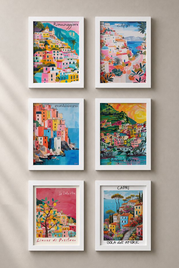 6 Piece Colorful Hillside Houses Framed Painting Set Italy Posters Wall Decor Sixit17