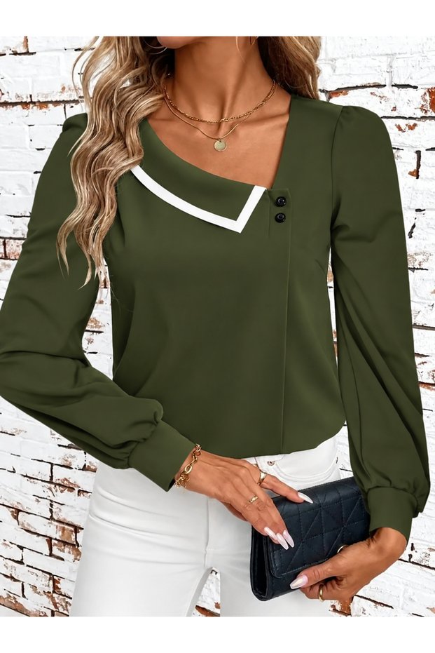 Women's Contrast Piping Asymmetric Collar Long Sleeve Stylish Blouse