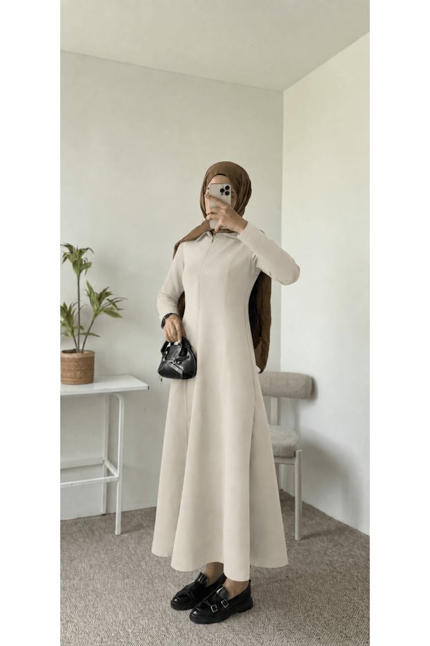 Shirt Collar Half-Zip Dress - 7012 - Stone