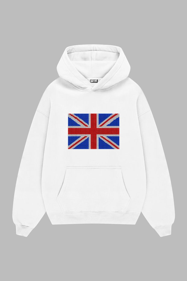 Union Jack Stone Printed Oversize Unisex White Hoodie