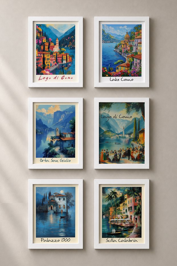 6 Piece Lake Como and Ports Framed Painting Set Italy Posters Wall Decor Sixit16