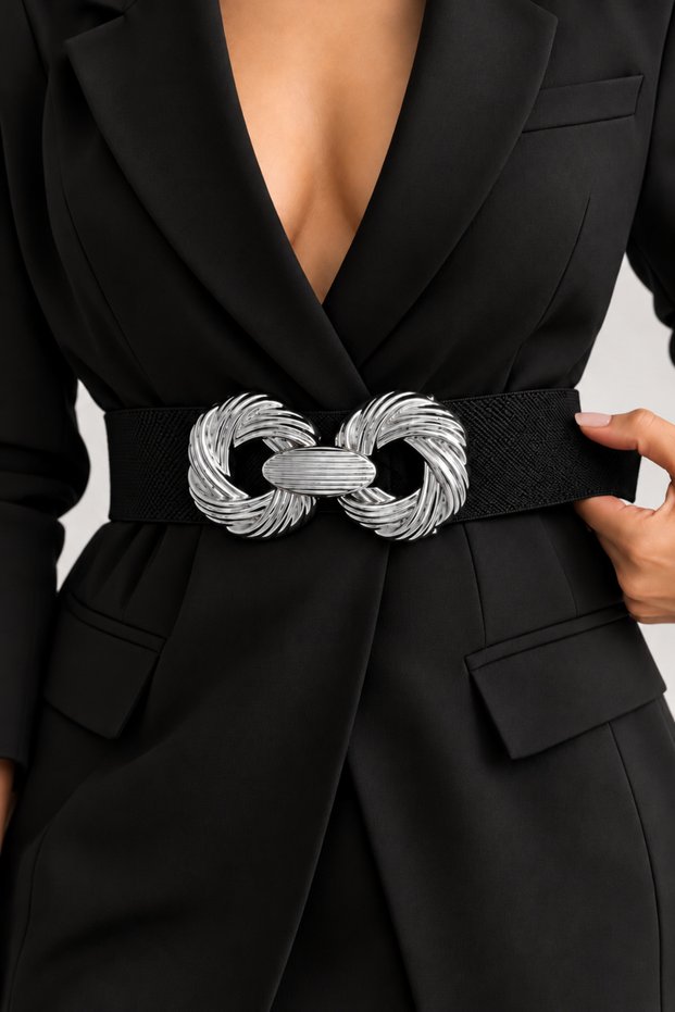 Women's Gold Buckle Wide Elastic Belt – Stylish Dress and Coat Belt with Double Ring Pattern