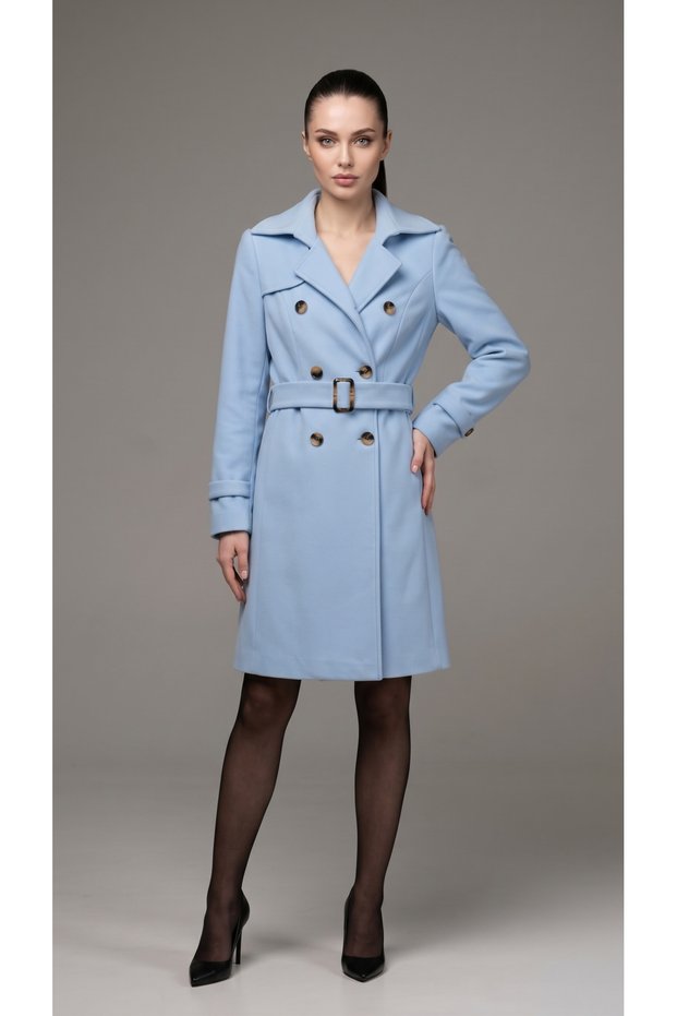 Alfateks Women's Short Cashmere Coat with Double Breasted Buttons and Belt