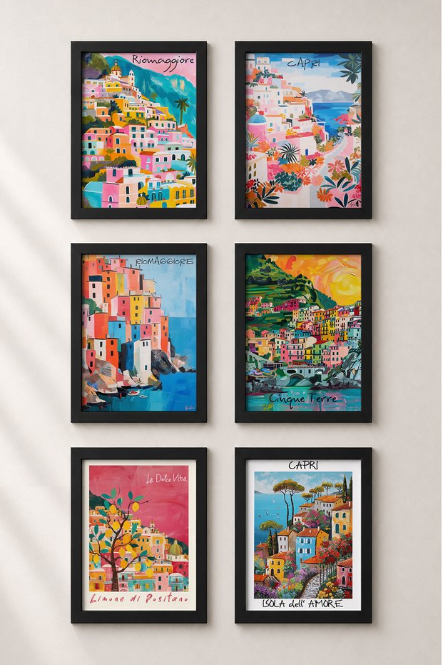 6 Piece Colorful Hillside Houses Framed Painting Set Italy Posters Wall Decor Sixit17