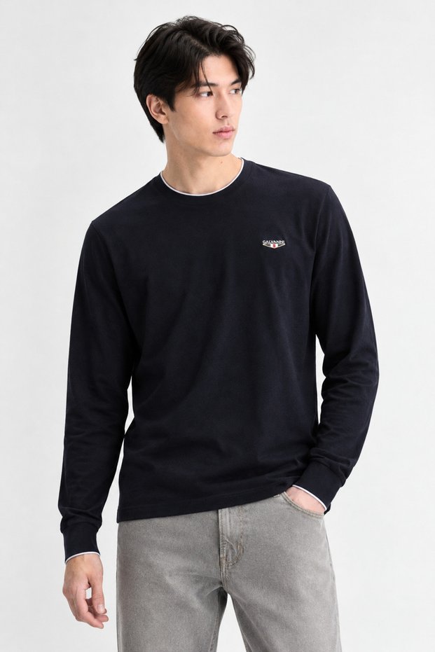 Men's Crew Neck Long Sleeve Navy Blue T-Shirt - Yori