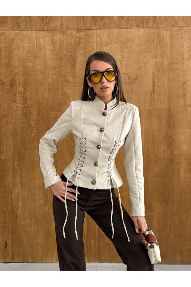 Women's Scuba Suede Jacket with Stand Collar, Buttons, Eyelet Lacing, Detailed Stylish Design