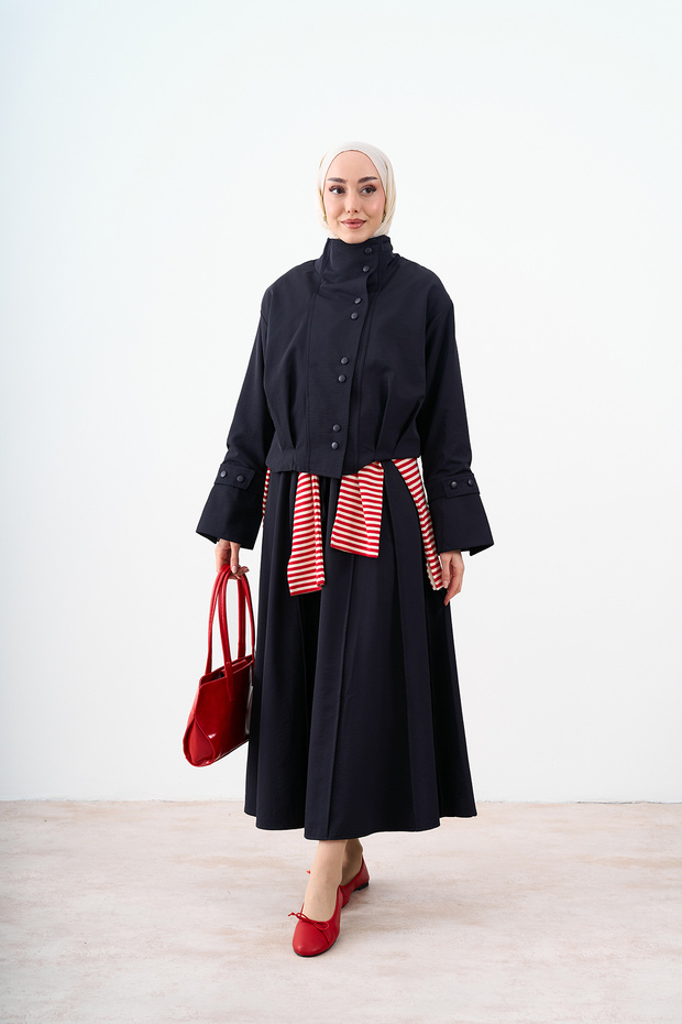 Women's Snap Detail High Collar Suit Navy Blue