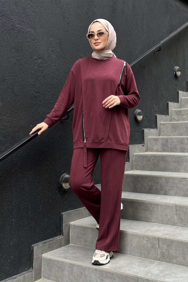 Shoulder and Skirt Band Zipper Detailed Trouser Suit 923 Claret Red