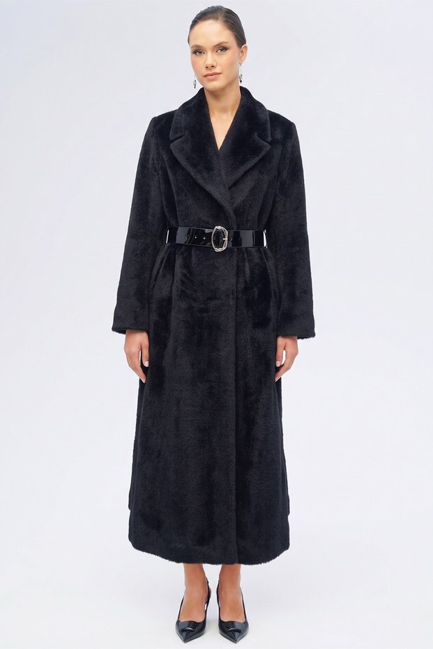 Intermediate Length Exclusive Plush Coat with Patent Leather Belt Accessories Black 3182