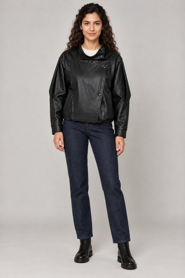Women's Black Oversize Asymmetrical Zippered Faux Leather Jacket with Snap Detail