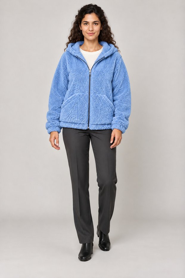 Women's Blue Oversize Hooded Plush Sweatshirt with Pockets