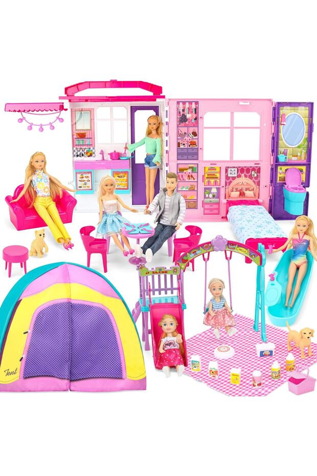 Portable & Foldable Dollhouse w/ 60+ Pcs & 2 Dolls, Play House Toy for Girls