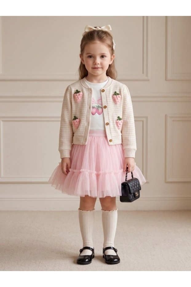 Girl's Strawberry Knitwear Cardigan and Skirt Set