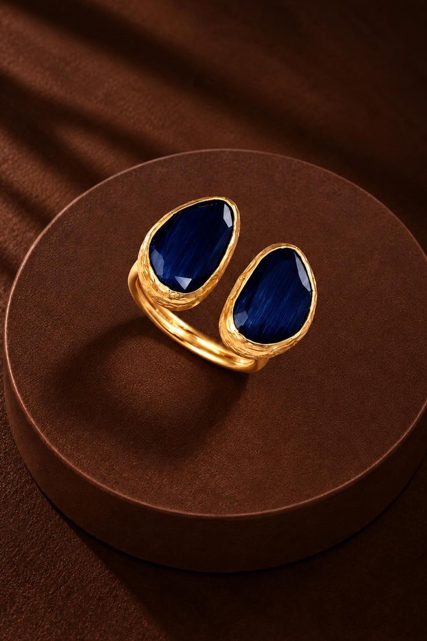 Cat's Eye Bean-Shaped Double Ring Ring - 10X14Mm
