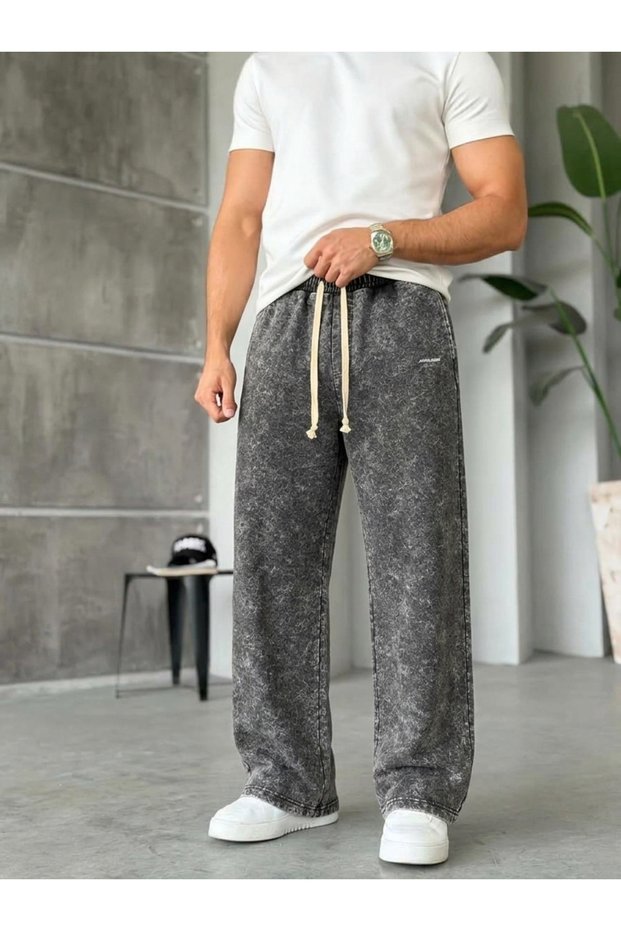Men's Anthracite Washed Baggy Fit Straight Leg Sweatpants